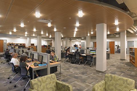 Students using computer workstations in the Anne M. Kress Learning Commons